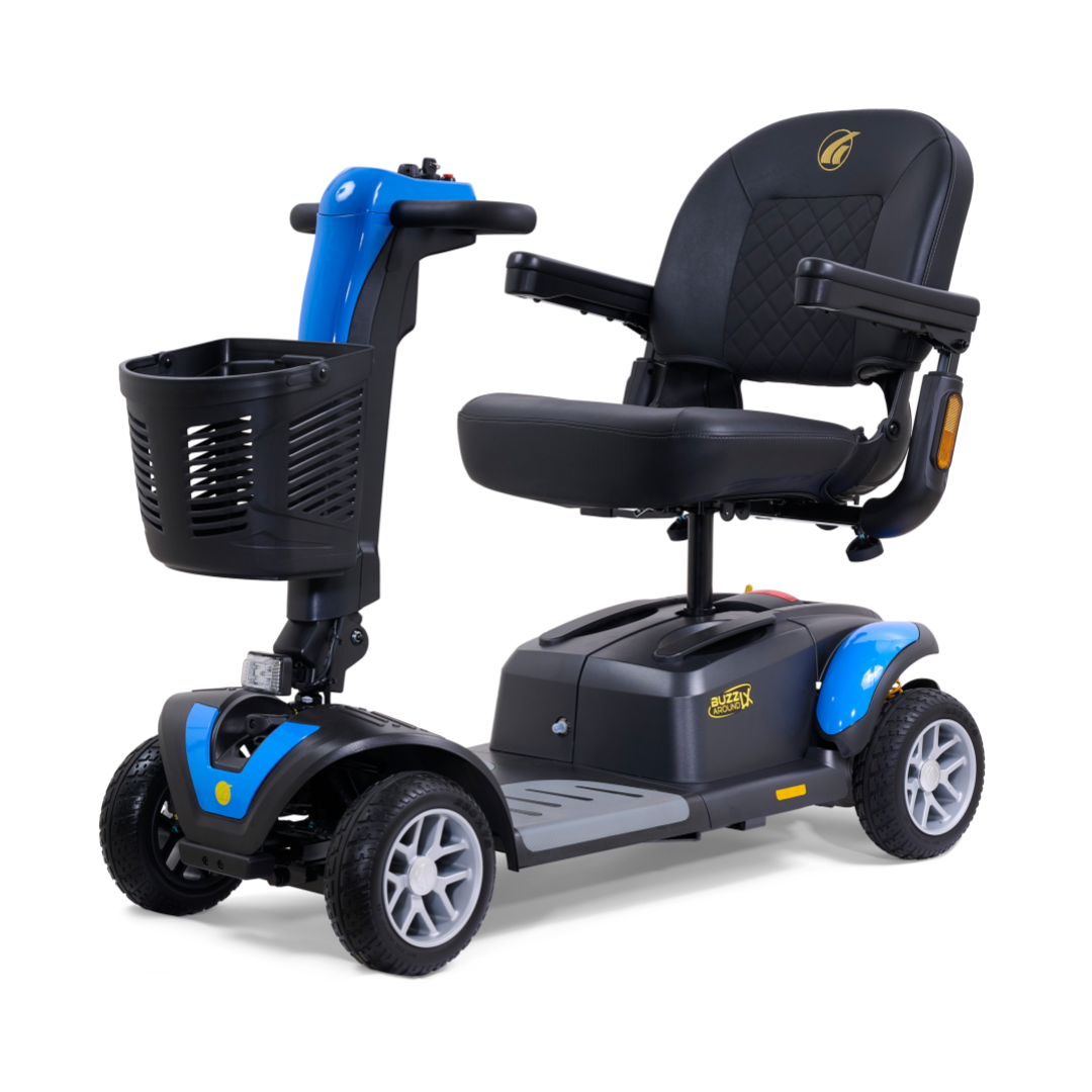 Golden Tech Buzzaround LX Extreme Luxury Full Size Travel Mobility Scooter - 4 Wheel - Blue front left